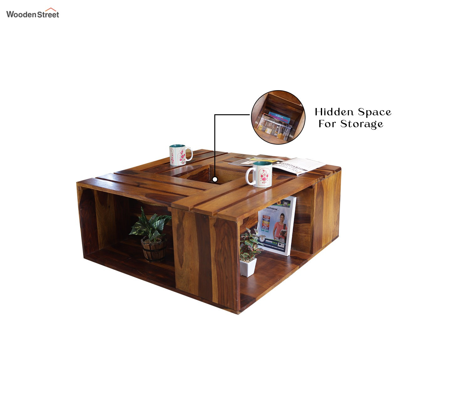 Lynet Sheesham Wood Coffee Table with Center Storage (Honey Finish)