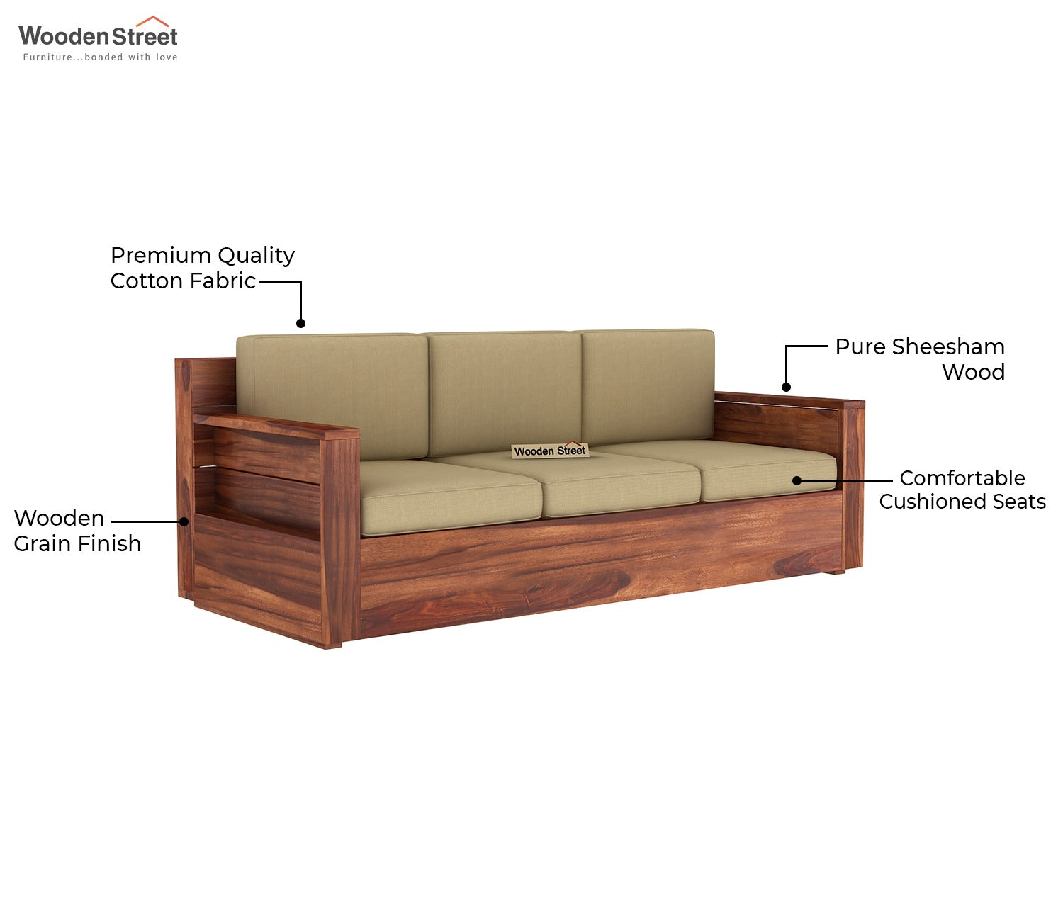 Marriott 3 Seater Wooden Sofa (Honey Irish Cream)