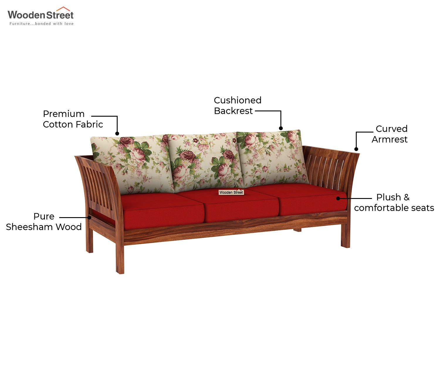 Raiden 3 Seater Wooden Sofa (Honey Cream Dusky Rose)