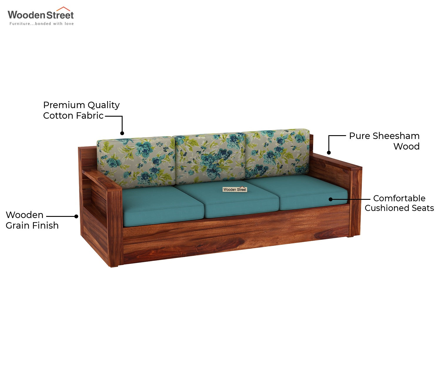 Marriott 3 Seater Wooden Sofa (Honey Teal Aqua Marine)