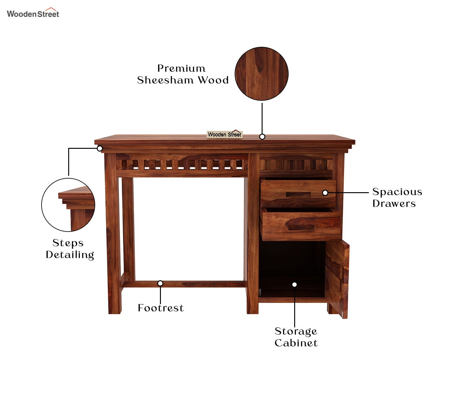Adolph Study Table with Pull Out Drawers and Cabinet (Honey Finish)