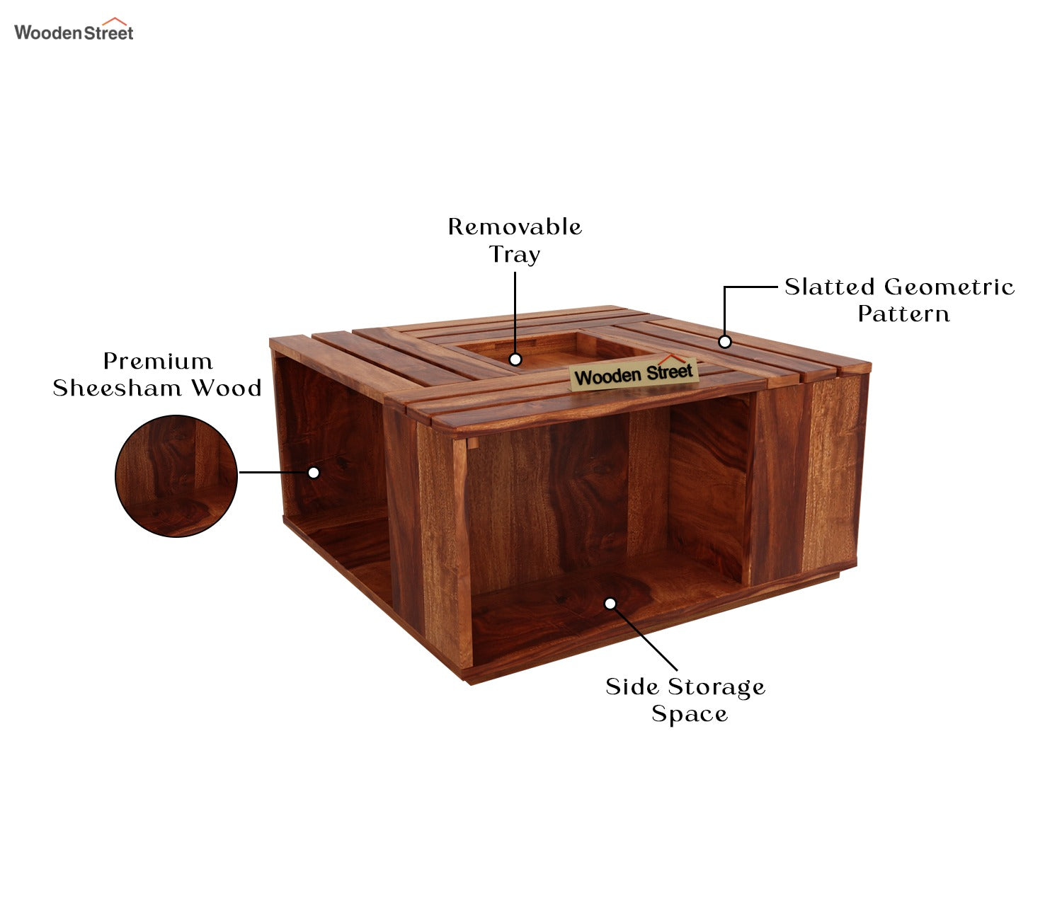Lynet Sheesham Wood Coffee Table with Center Storage (Honey Finish)