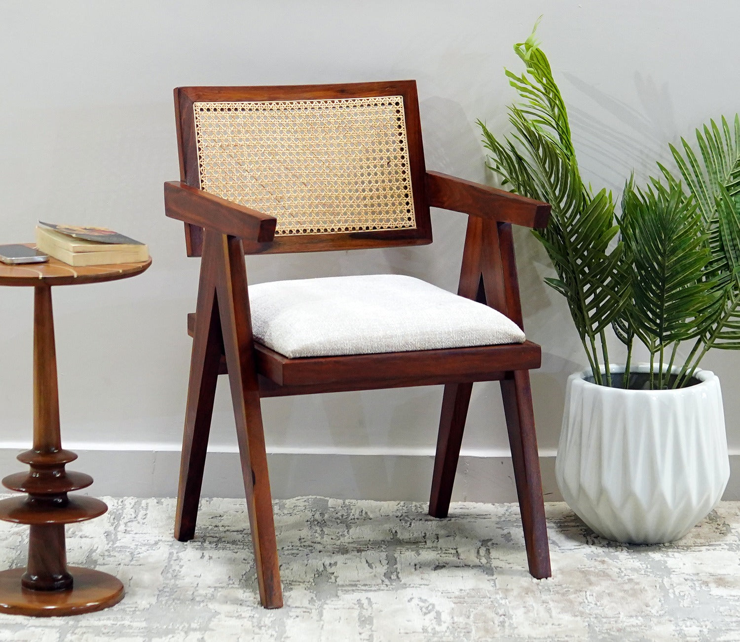 Siegler Sheesham Wood Cane Arm Chair (Honey Finish)