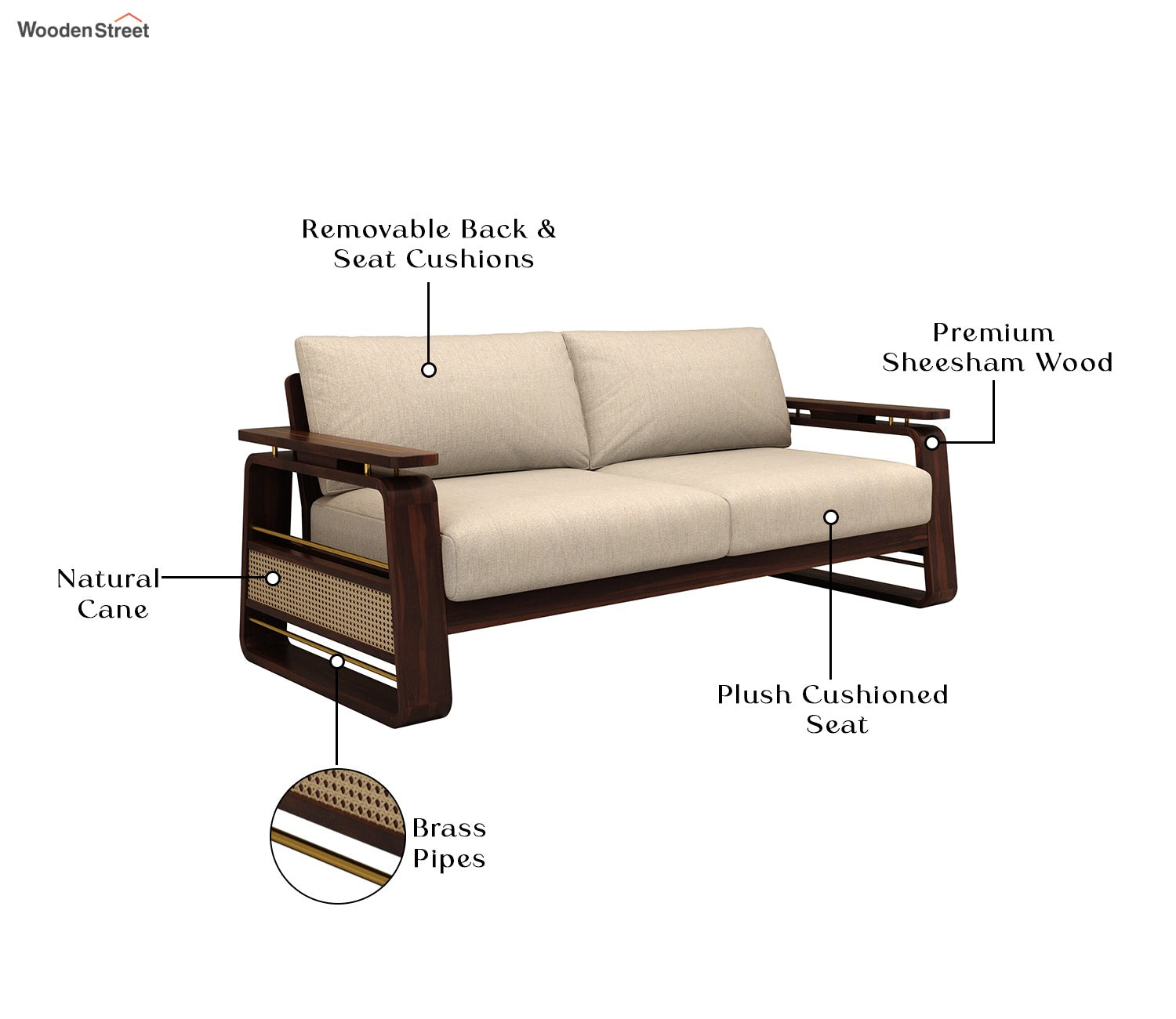 Vedic 3+1+1 Sheesham Wood Sofa Set With Cane and Brass Detailing (Walnut Finish, Jade Ivory)