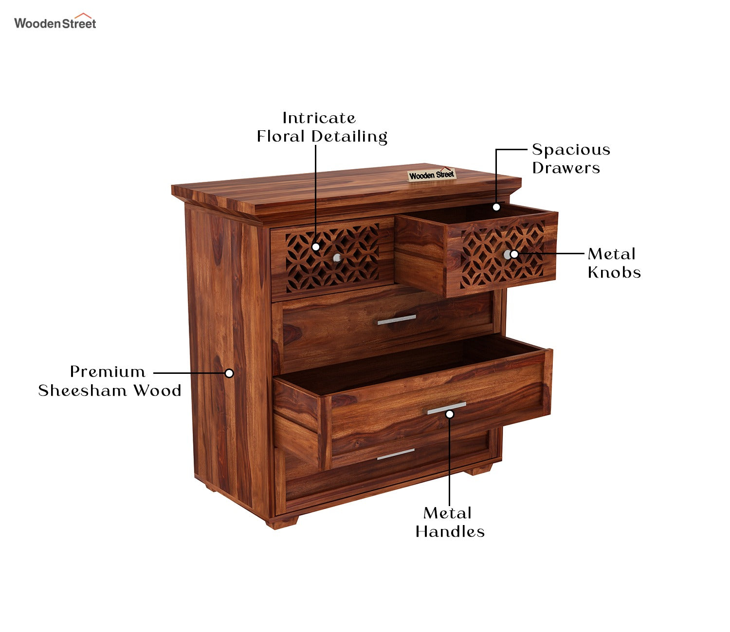 Cambrey 5-Drawer Wooden Chest Of Drawers (Honey Finish)