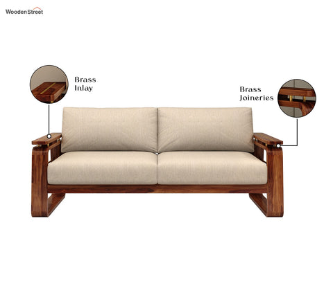 Vedic 3 Seater Sheesham Wood Sofa With Cane and Brass Detailing (Honey Finish, Jade Ivory)