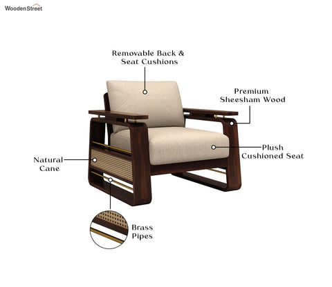 Vedic 3+1+1 Sheesham Wood Sofa Set With Cane and Brass Detailing (Walnut Finish, Jade Ivory)