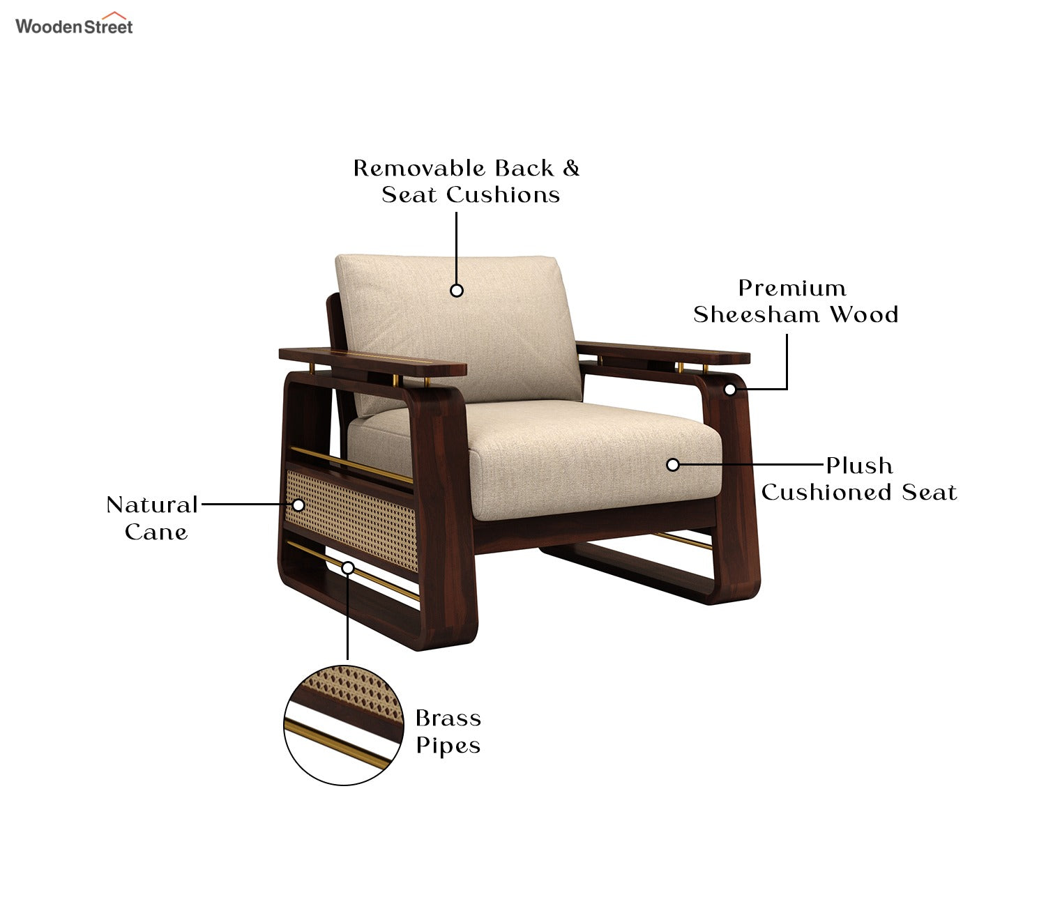 Vedic 1 Seater Sheesham Wood Sofa With Cane and Brass Detailing (Walnut Finish, Jade Ivory)