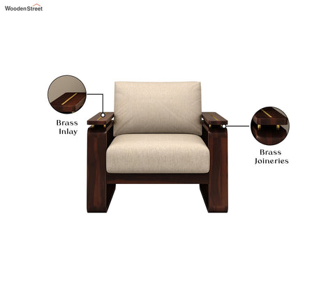 Vedic 1 Seater Sheesham Wood Sofa With Cane and Brass Detailing (Walnut Finish, Jade Ivory)