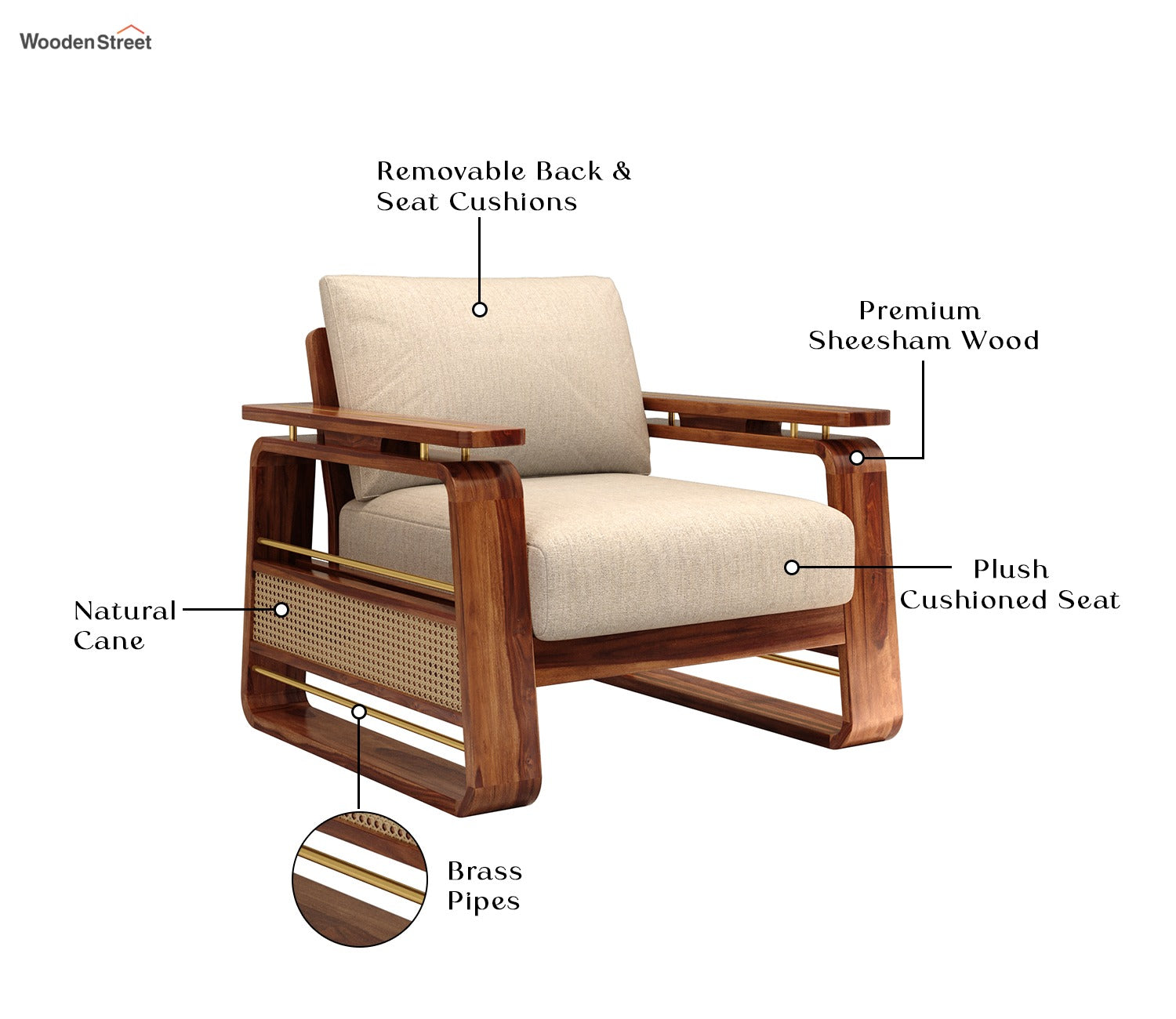 Vedic 1 Seater Sheesham Wood Sofa With Cane and Brass Detailing (Honey Finish, Jade Ivory)