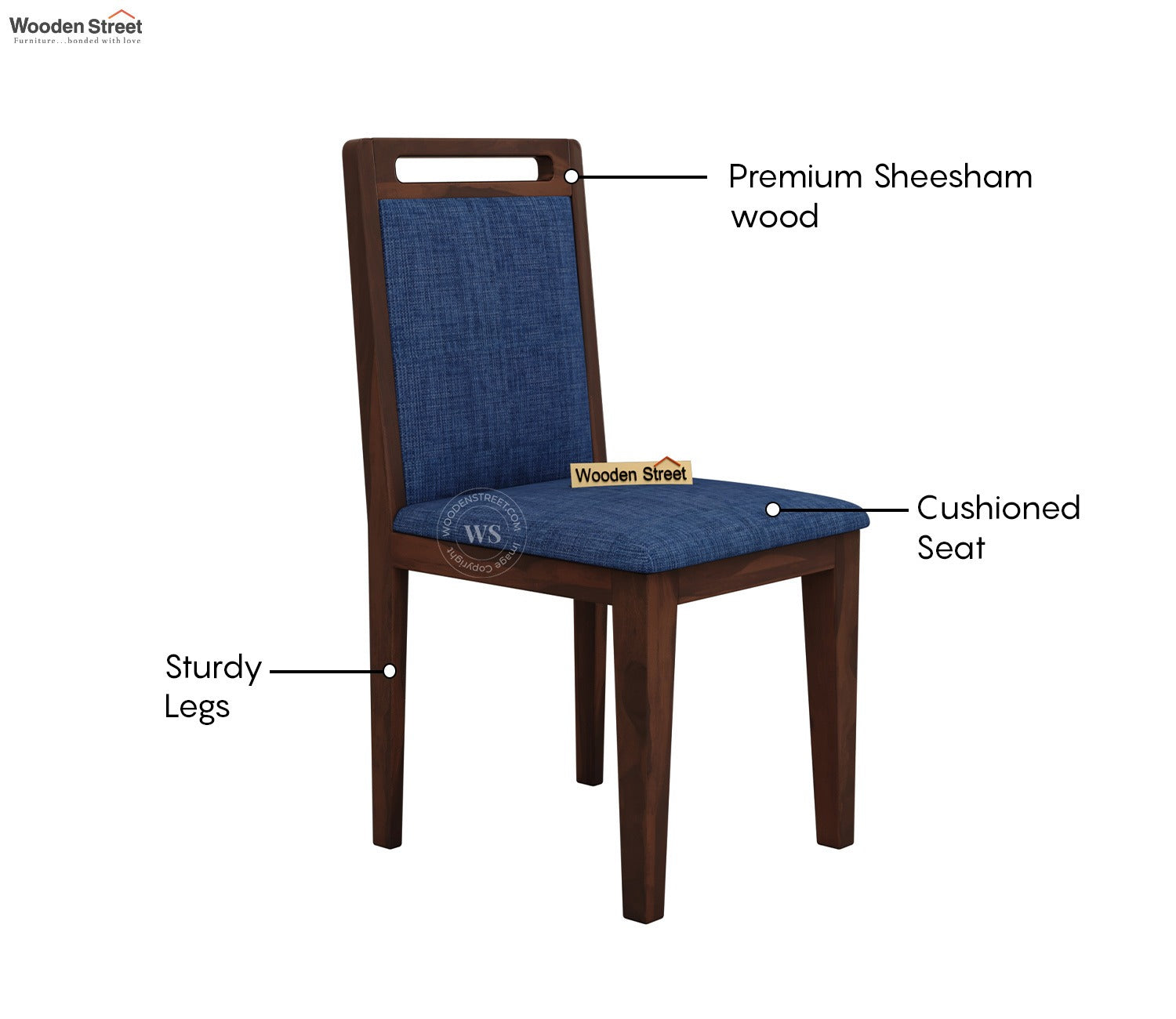 Hazel Sheesham Wood Reverse Upholstery Dining Chair - Set of 1 (Cotton, Walnut Iris Blue)