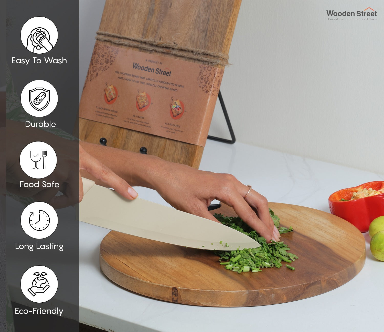 Sage Round Mango Wood Handcrafted Non Slip Chopping Board With Handle for Kitchen
