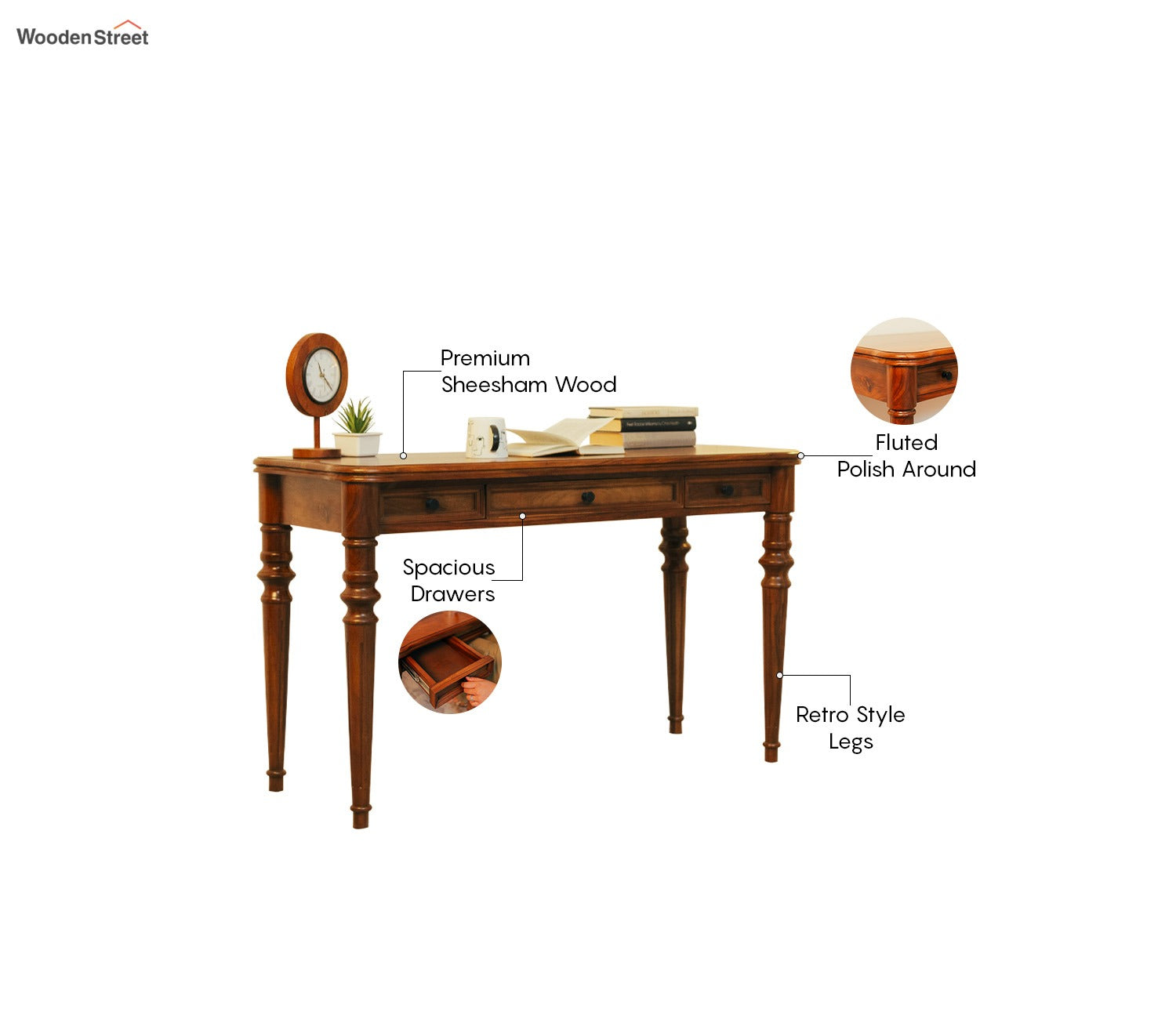 Kennedy Sheesham Wood Study Table with Drawer Storage (Teak Finish)