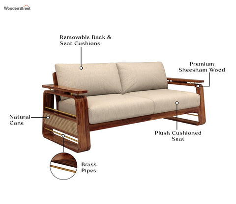 Vedic 3 Seater Sheesham Wood Sofa With Cane and Brass Detailing (Honey Finish, Jade Ivory)