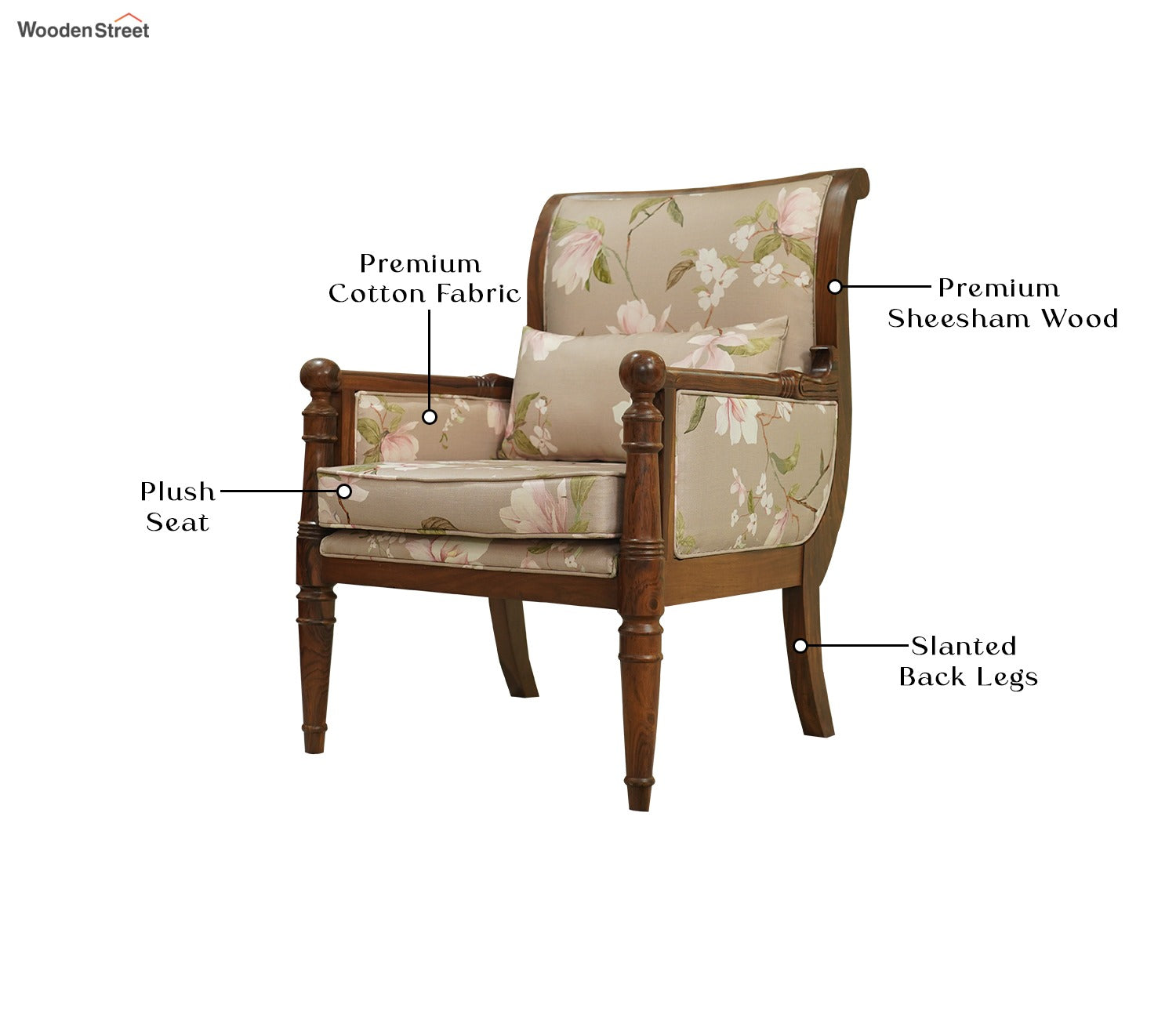 Fedrika Floral Printed Sheesham Wood Arm Chair (Cotton, Magnolia Beige)