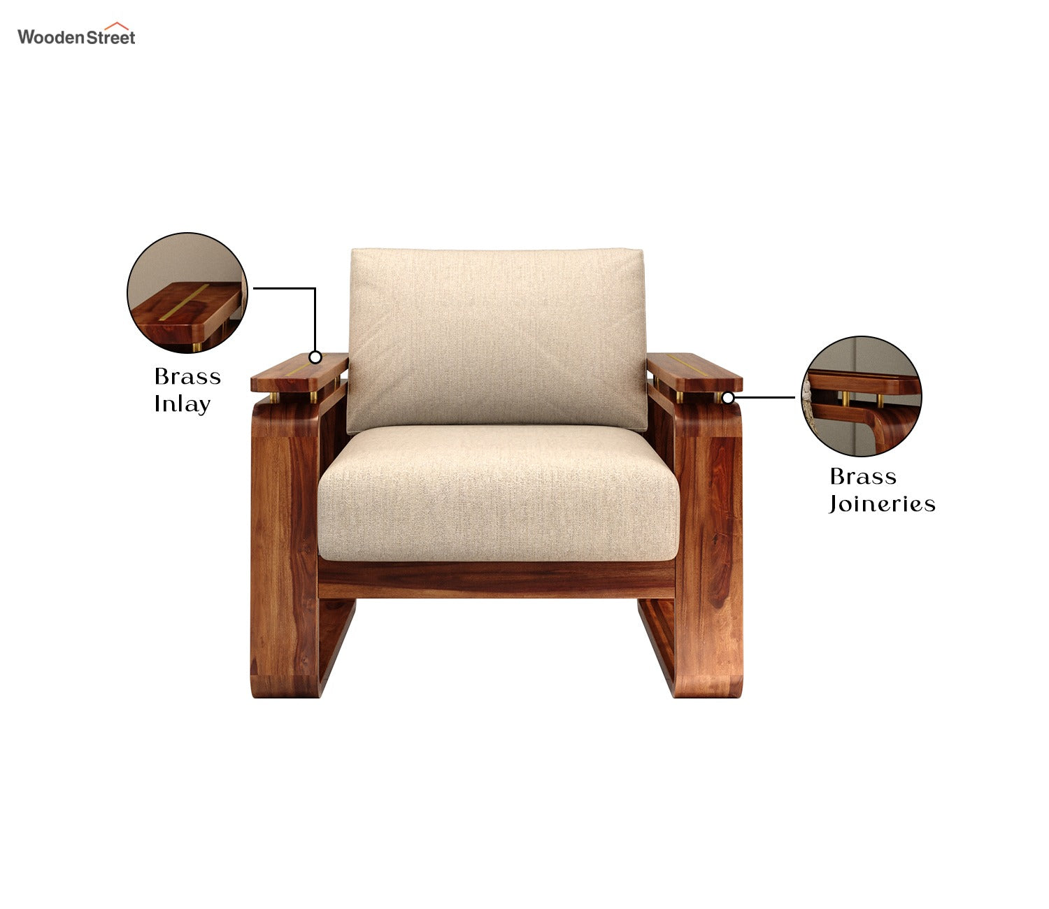 Vedic 3+1+1 Sheesham Wood Sofa Set With Cane and Brass Detailing (Honey Finish, Jade Ivory)