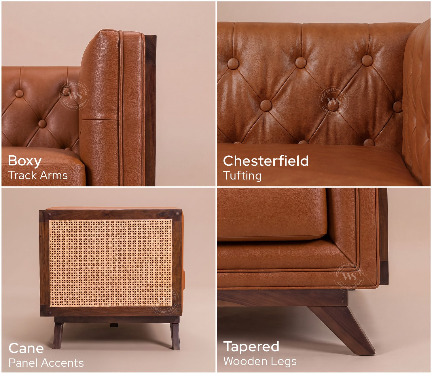 Samvaad 3 Seater Sofa with Cane Accents (Leatherette, Ginger Bread)