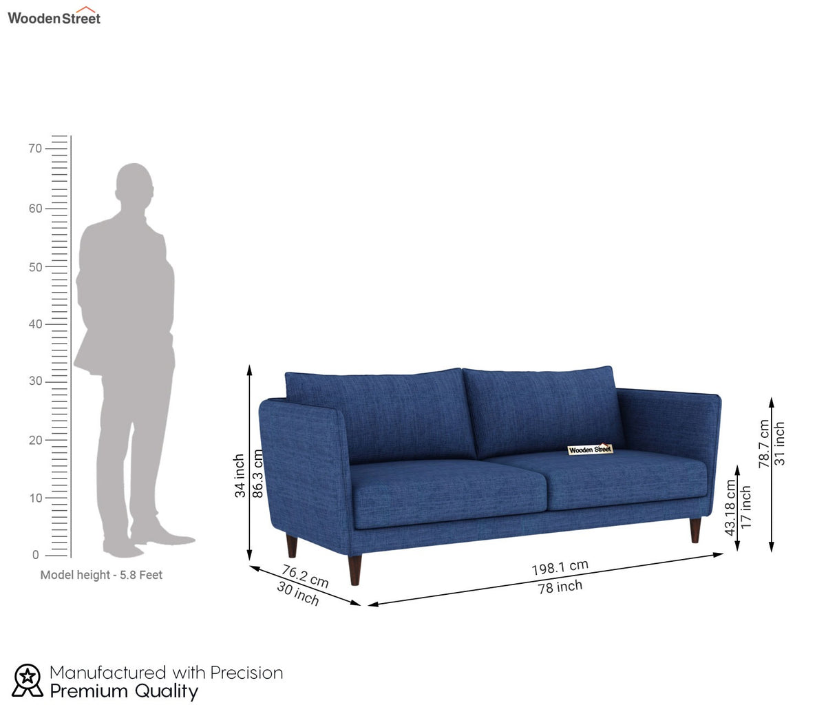 Oxford 3 Seater Fabric Sofa (Cotton, Iris Blue)