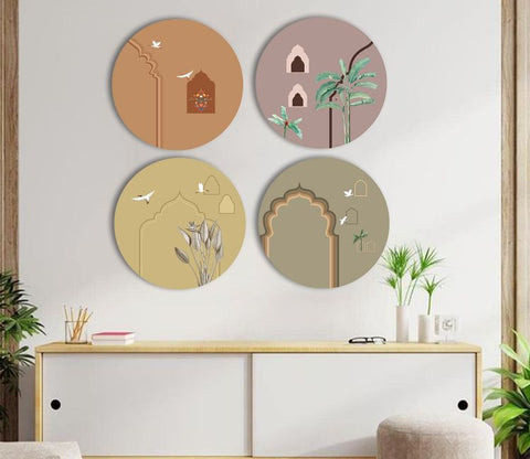 Harit Abstract Traditional and Tropical Art Set of 4 Wall Frame (Circle, White, 16 Dia, Canvas)