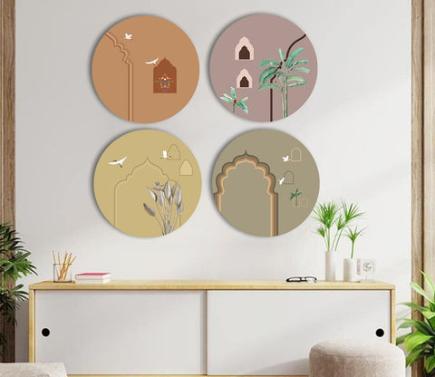 Harit Abstract Traditional and Tropical Art Set of 4 Wall Frame (Circle, White, 16 Dia, Canvas)
