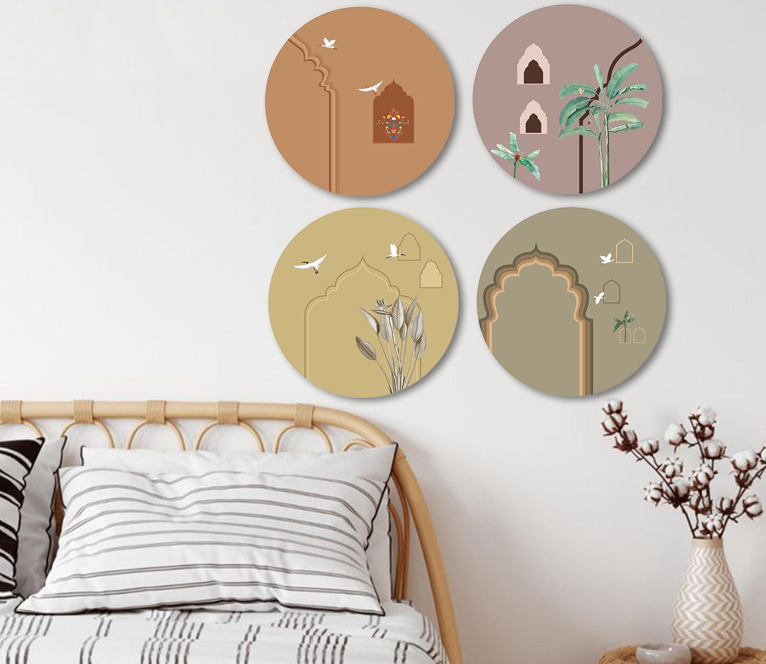 Harit Abstract Traditional and Tropical Art Set of 4 Wall Frame (Circle, White, 16 Dia, Canvas)