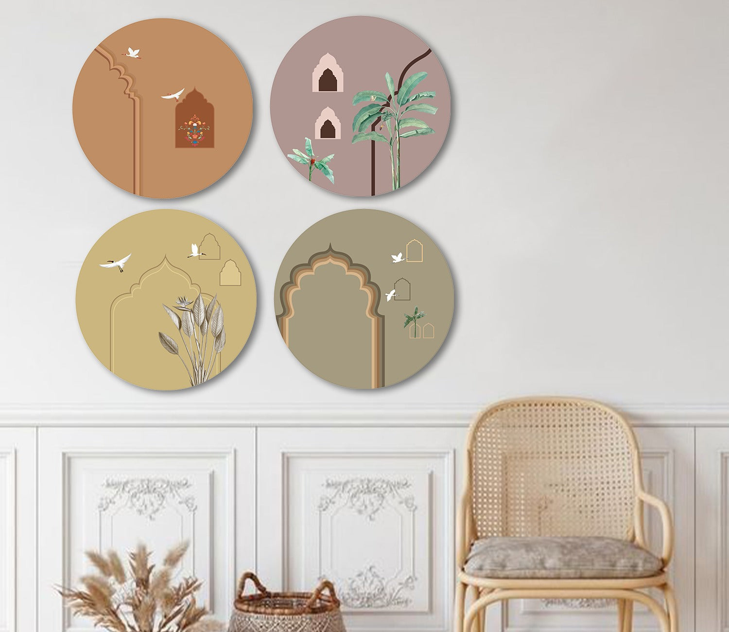 Harit Abstract Traditional and Tropical Art Set of 4 Wall Frame (Circle, White, 16 Dia, Canvas)
