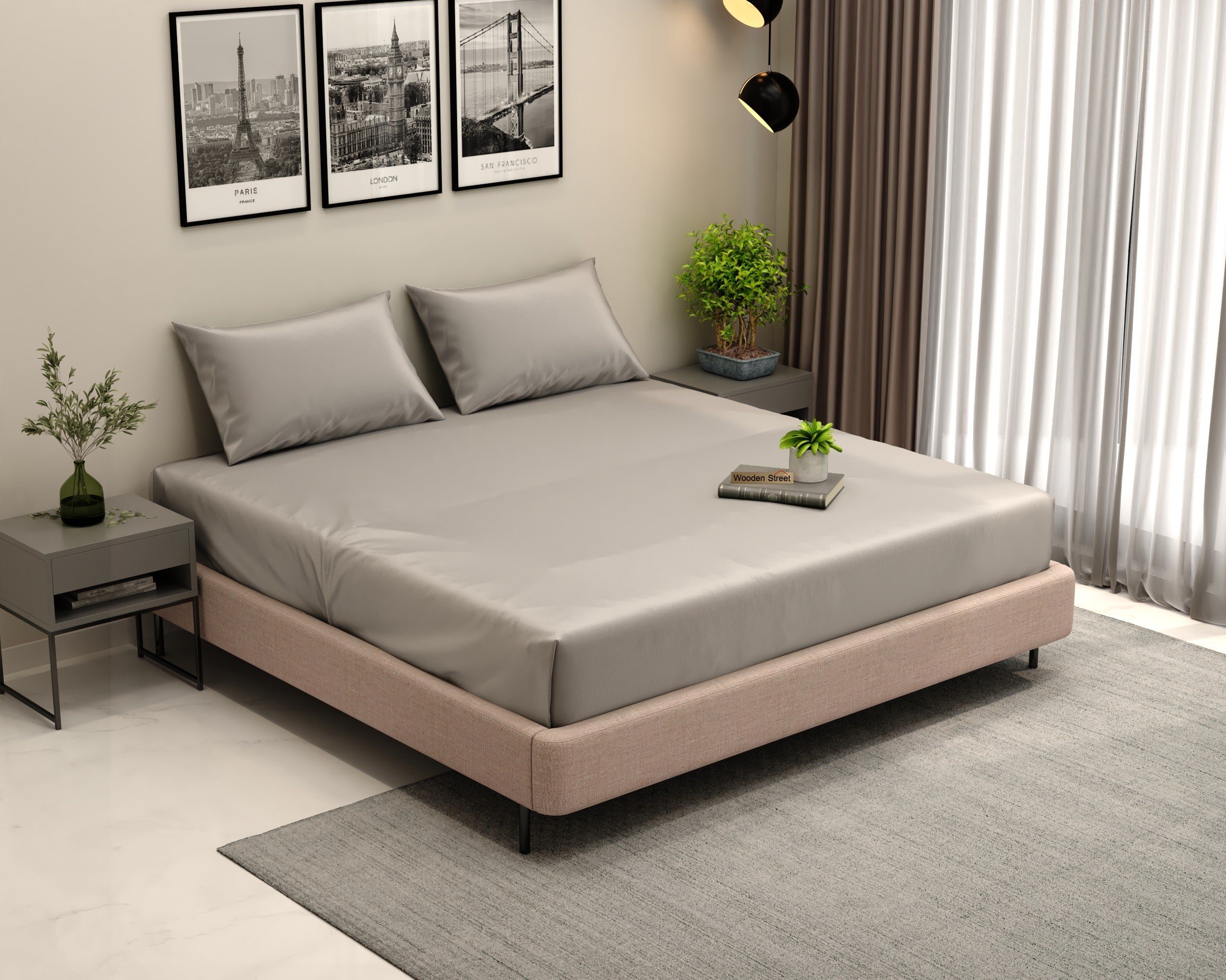 Vegan Bamboo Silk Bedsheet 300 TC Naturally Anti-Bacterial King Bedsheet with 2 Pillow Cover (Grey)