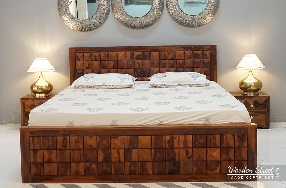 Morse Sheesham Wood Bed with Drawer Storage (King Size, Honey Finish)