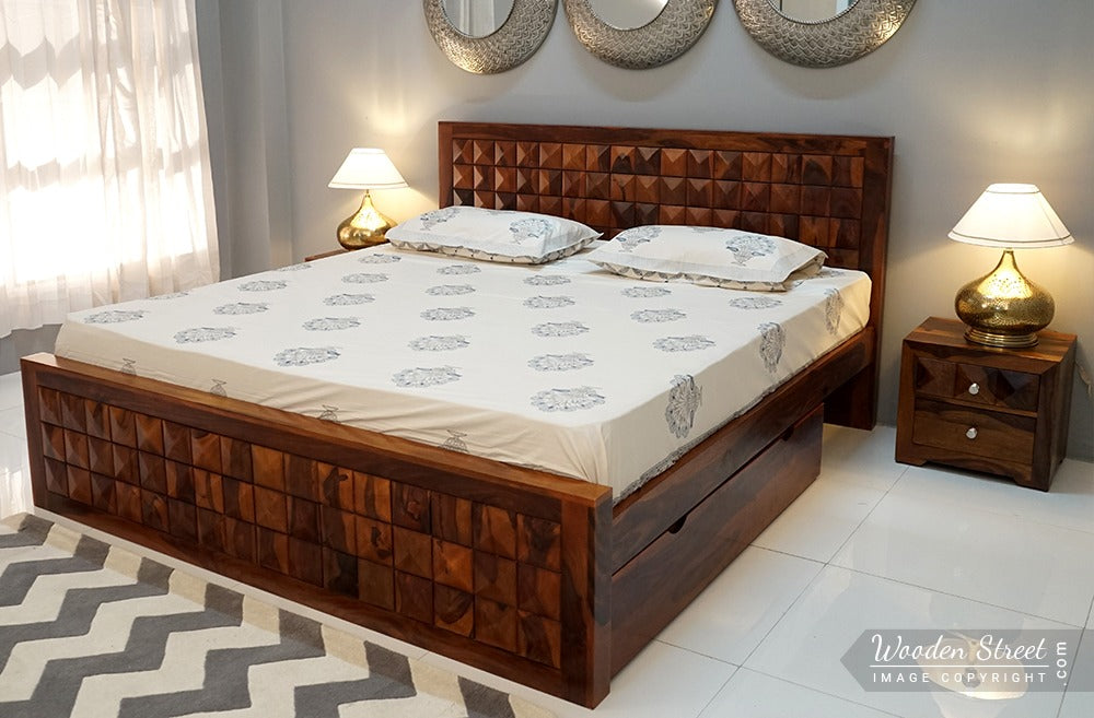 Morse Sheesham Wood Bed with Drawer Storage (King Size, Honey Finish)