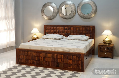 Morse Sheesham Wood Bed with Drawer Storage (King Size, Honey Finish)