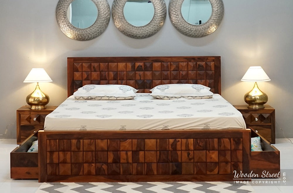 Morse Sheesham Wood Bed with Drawer Storage (King Size, Honey Finish)