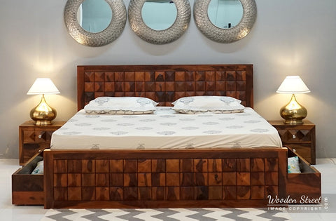 Morse Sheesham Wood Bed with Drawer Storage (King Size, Honey Finish)