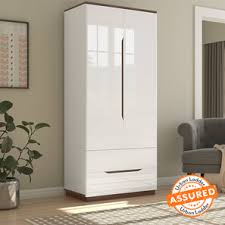 True living 2 Door Corner White wardrobe Laminated Finish & PU Finish with Drawers (3 Ft*2 Ft*8 Ft)