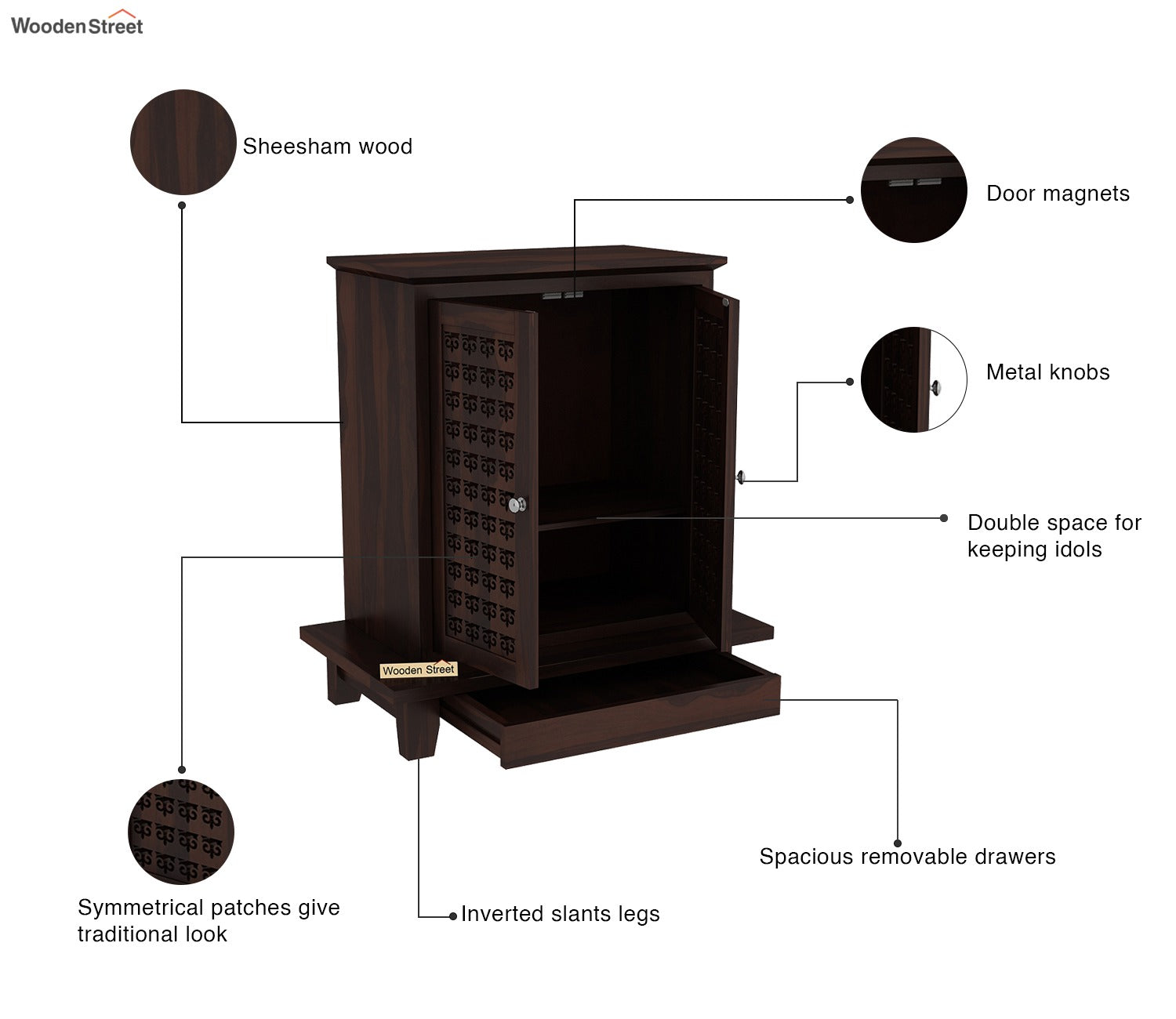 Bhagwati Premium Solid Wood Home Temple With Intricate Carving Doors & Spacious Drawer For Ample Storage (Walnut Finish)