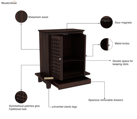 Bhagwati Premium Solid Wood Home Temple With Intricate Carving Doors & Spacious Drawer For Ample Storage (Walnut Finish)