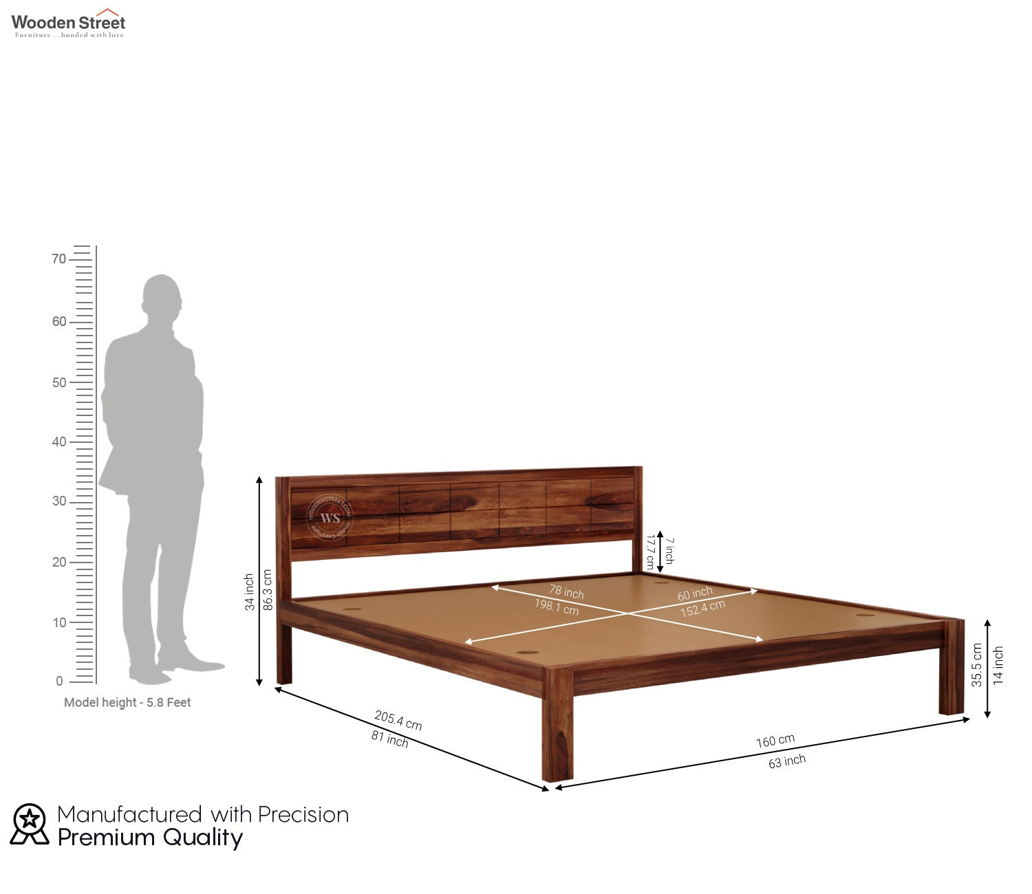 Brixton Sheesham Wood Bed Without Storage (Queen Size, Honey Finish)