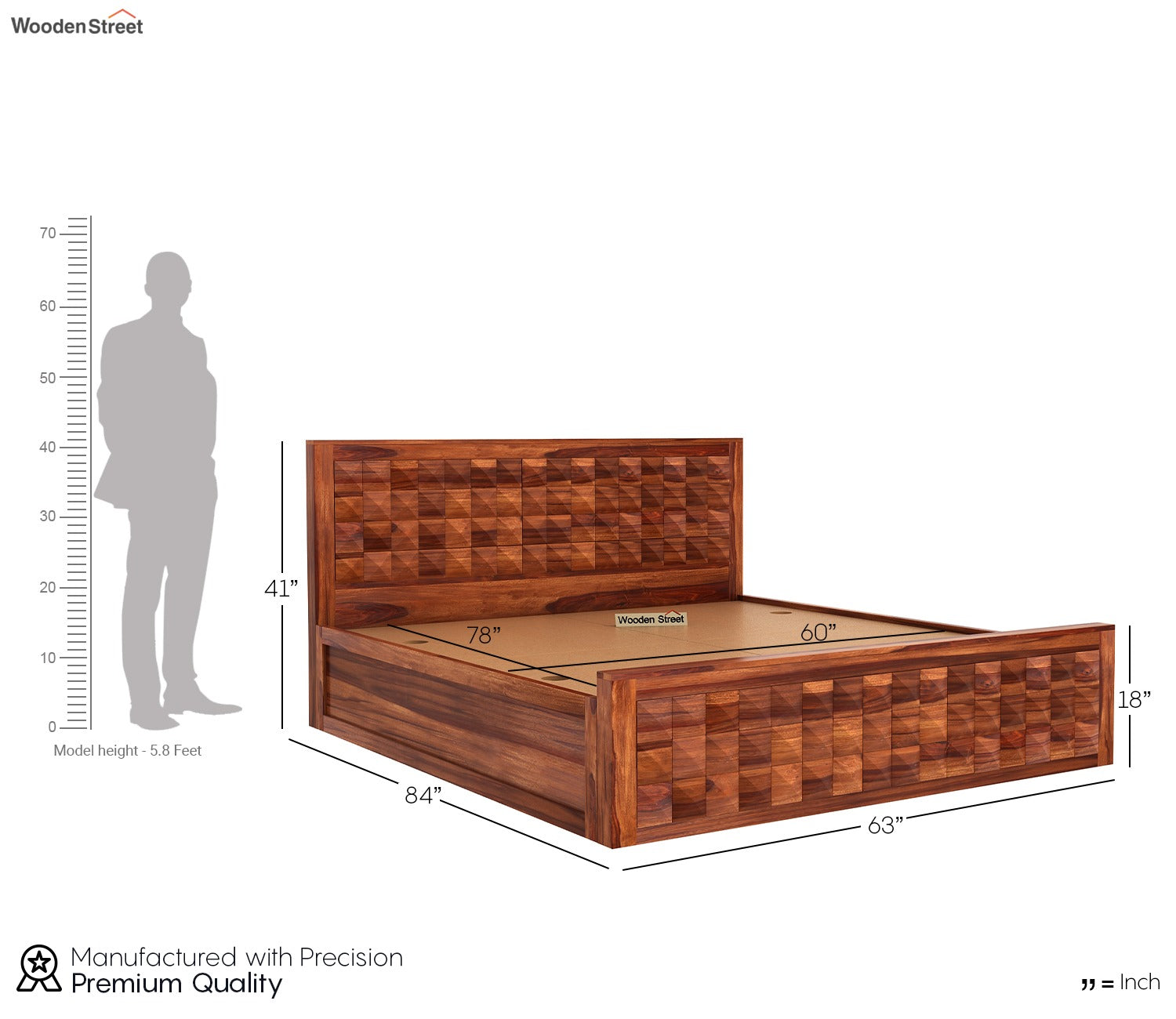 Morse Sheesham Wood Bed With Box Storage (Queen Size, Honey Finish)