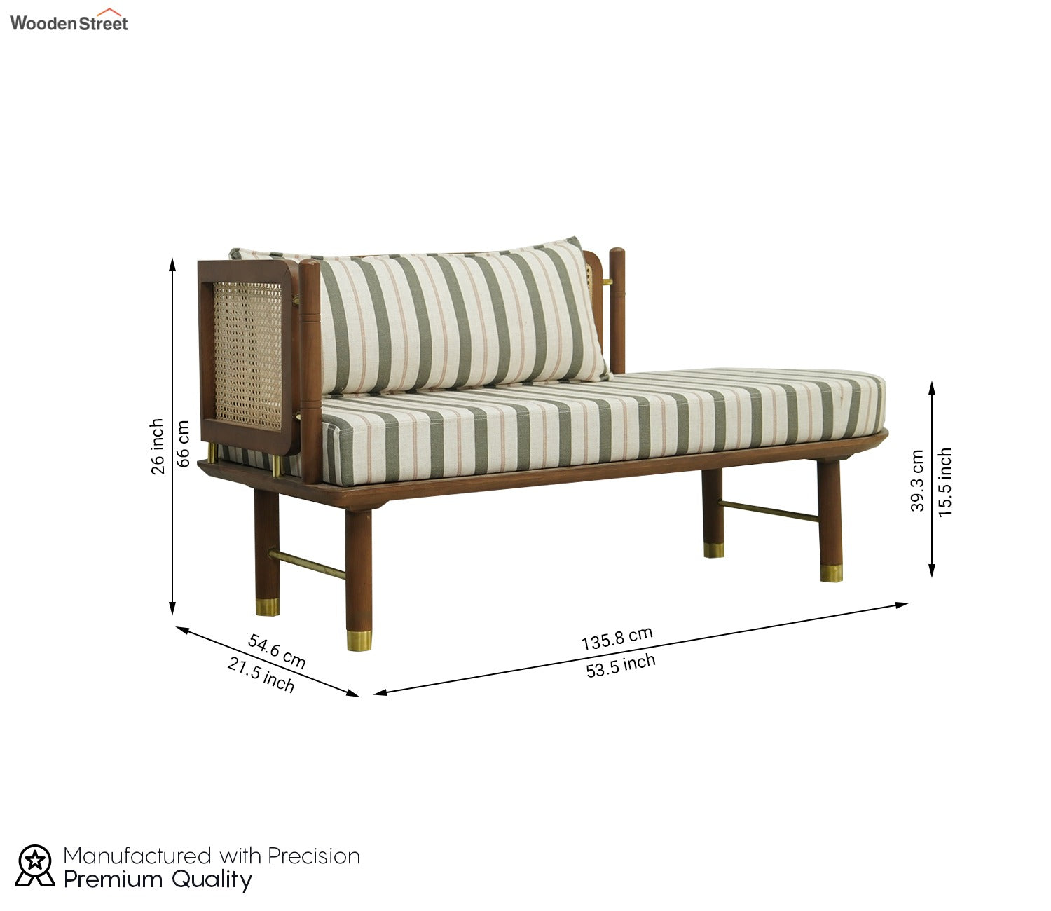 Shloka White Ash Wood Bench with Cane And Adjustable Back Cushioning (Green Stripes)