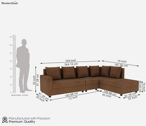 Sible 6 Seater Right Aligned Fabric  L Shape Sofa (Cotton, Mocha Brown)