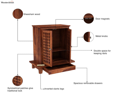 Bhagwati Premium Solid Wood Home Temple With Intricate Carving Doors & Spacious Drawer For Ample Storage (Honey Finish)