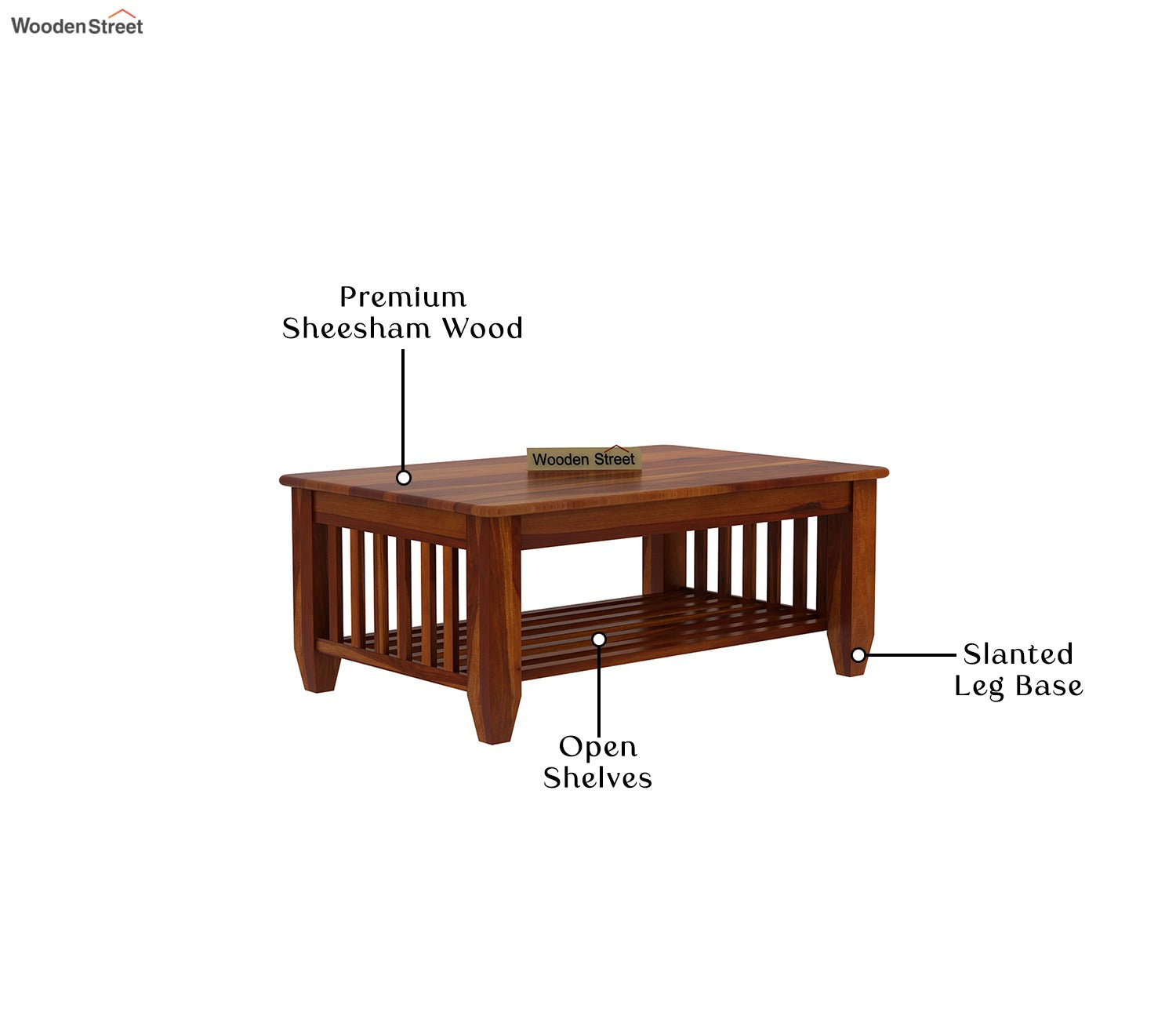Quartz Sheesham Wood Coffee Table with Open Storage (Honey Finish)