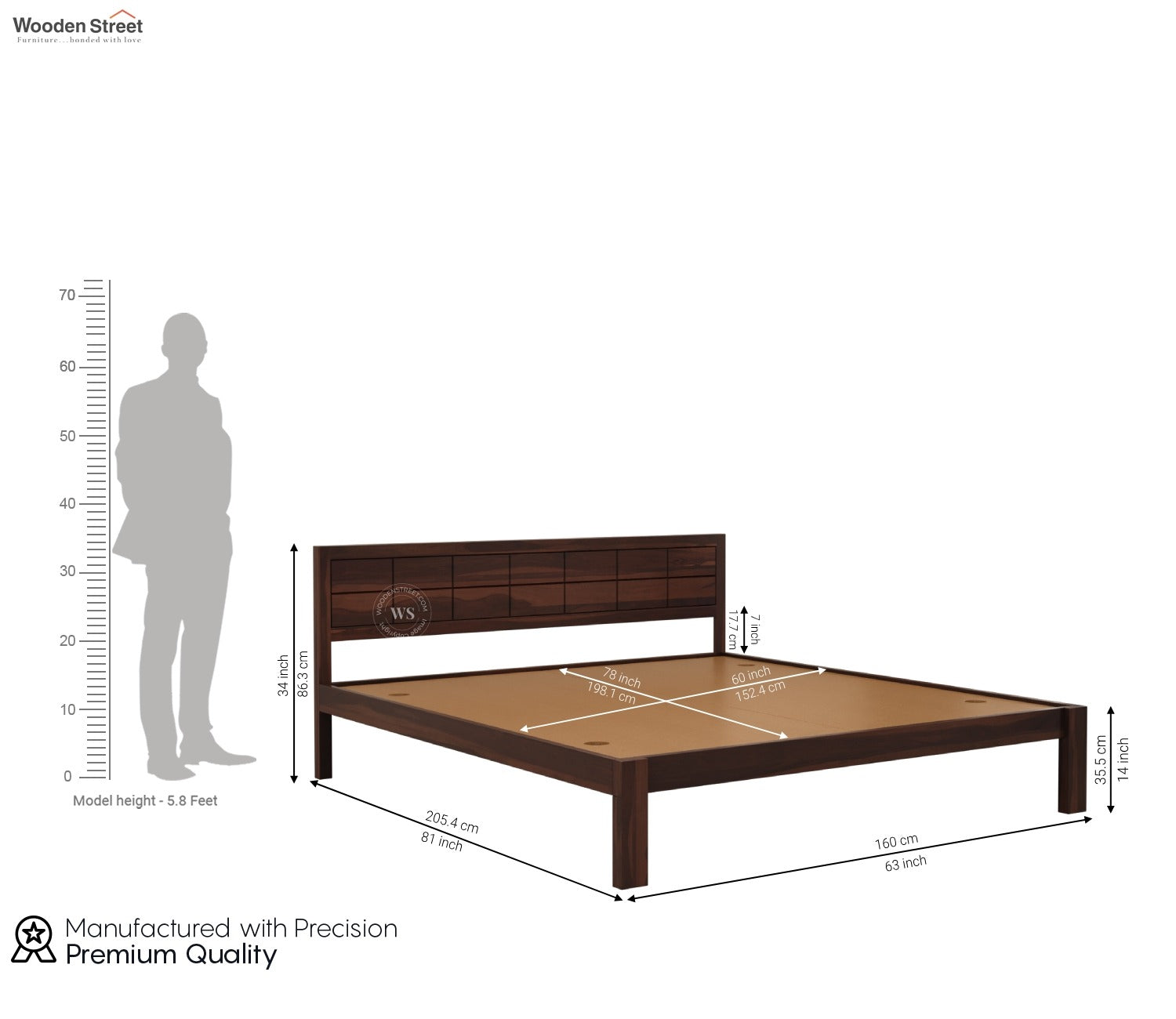 Brixton Sheesham Wood Bed Without Storage (Queen Size, Walnut Finish)