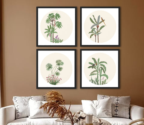 Jade Tropical Tree Artistic Set of 4 Wall Frame (Square, Black, 16x16 Inch, Matte Paper)