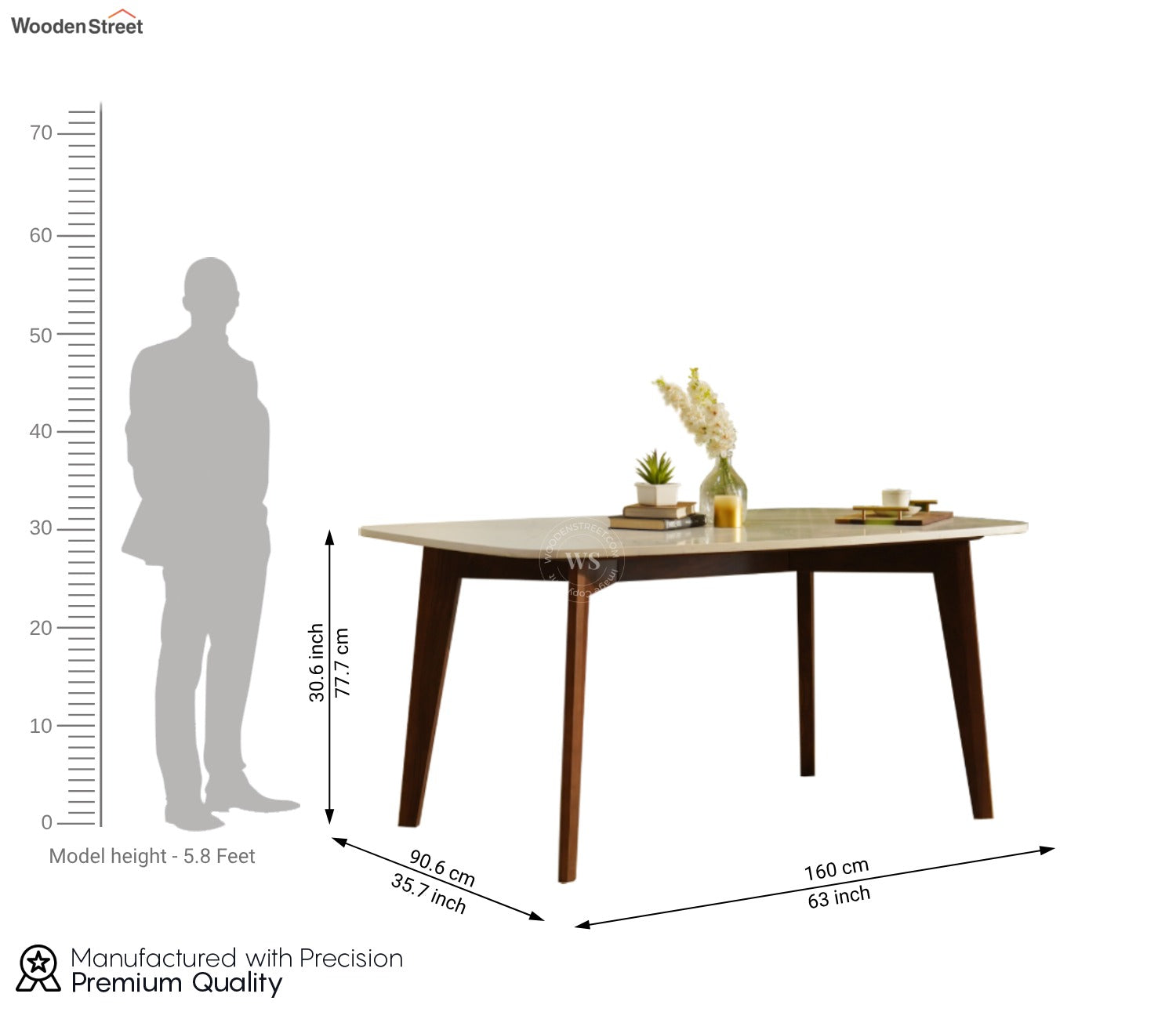 Valence 6 Seater Sheesham Wood Dining Set with Valence Quartz Top Table and Fressia Upholstered Chair (Teak Finish)