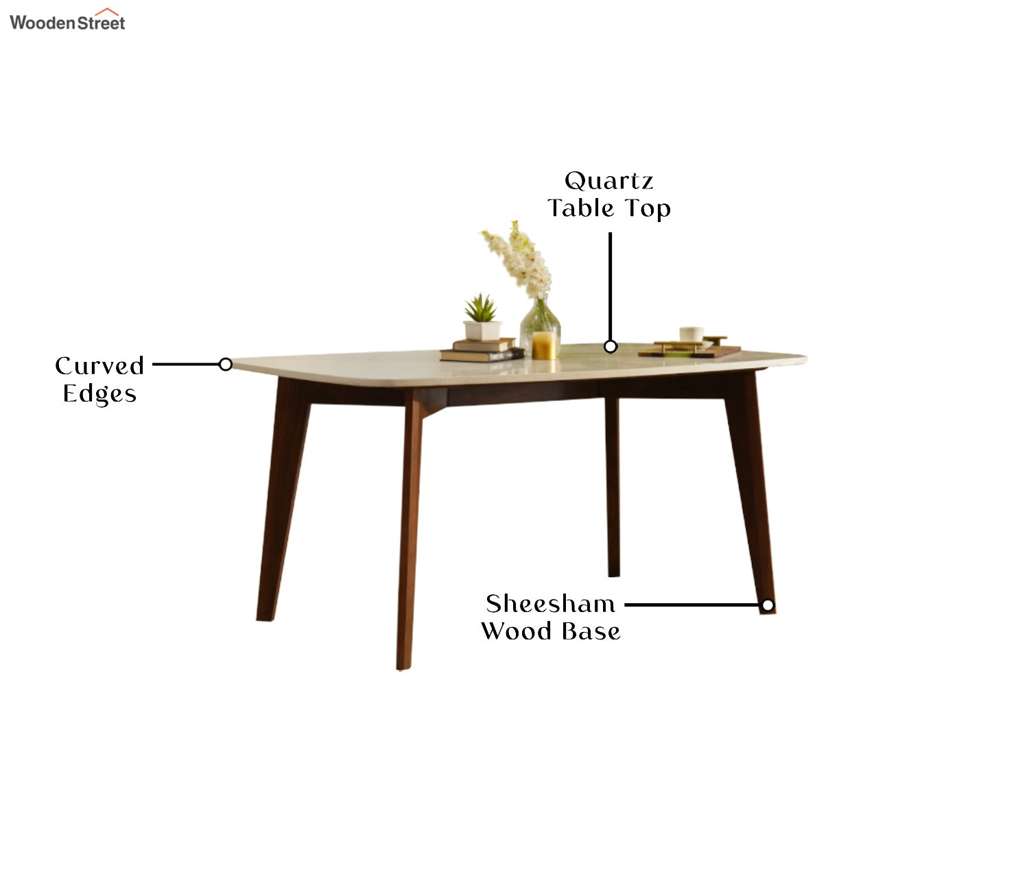 Valence 6 Seater Sheesham Wood Dining Table with Quartz Top (Teak Finish)
