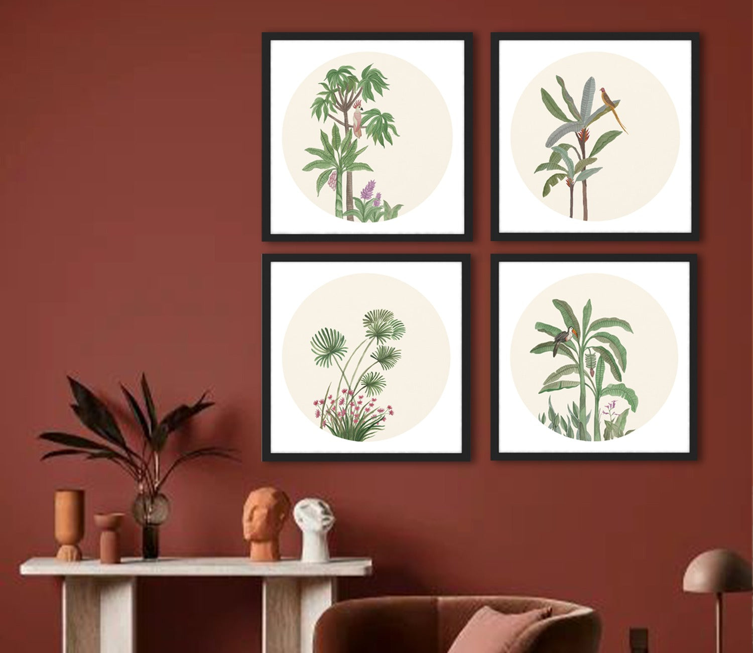 Jade Tropical Tree Artistic Set of 4 Wall Frame (Square, Black, 16x16 Inch, Matte Paper)