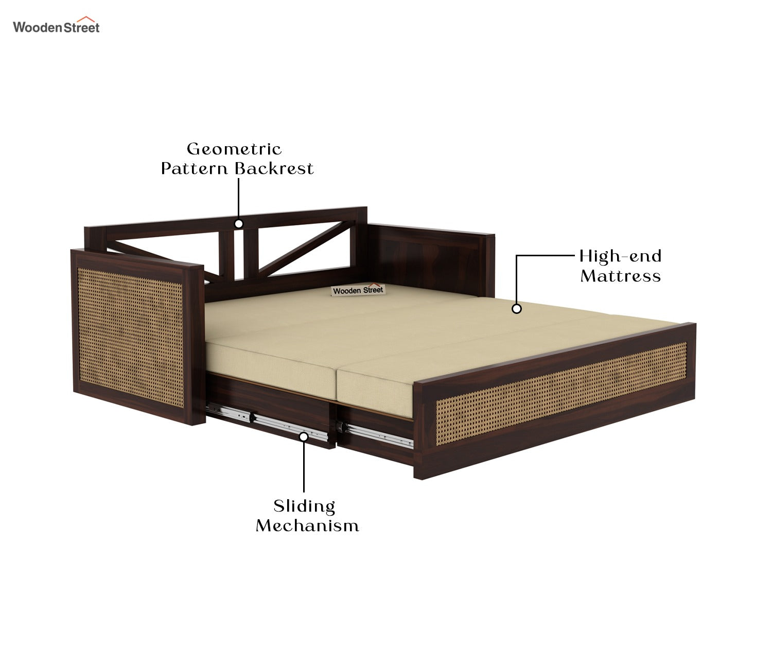 Walder Sheesham Wood 3 Seater Sofa Cum Bed with Cane (King Size, Walnut Irish Cream)