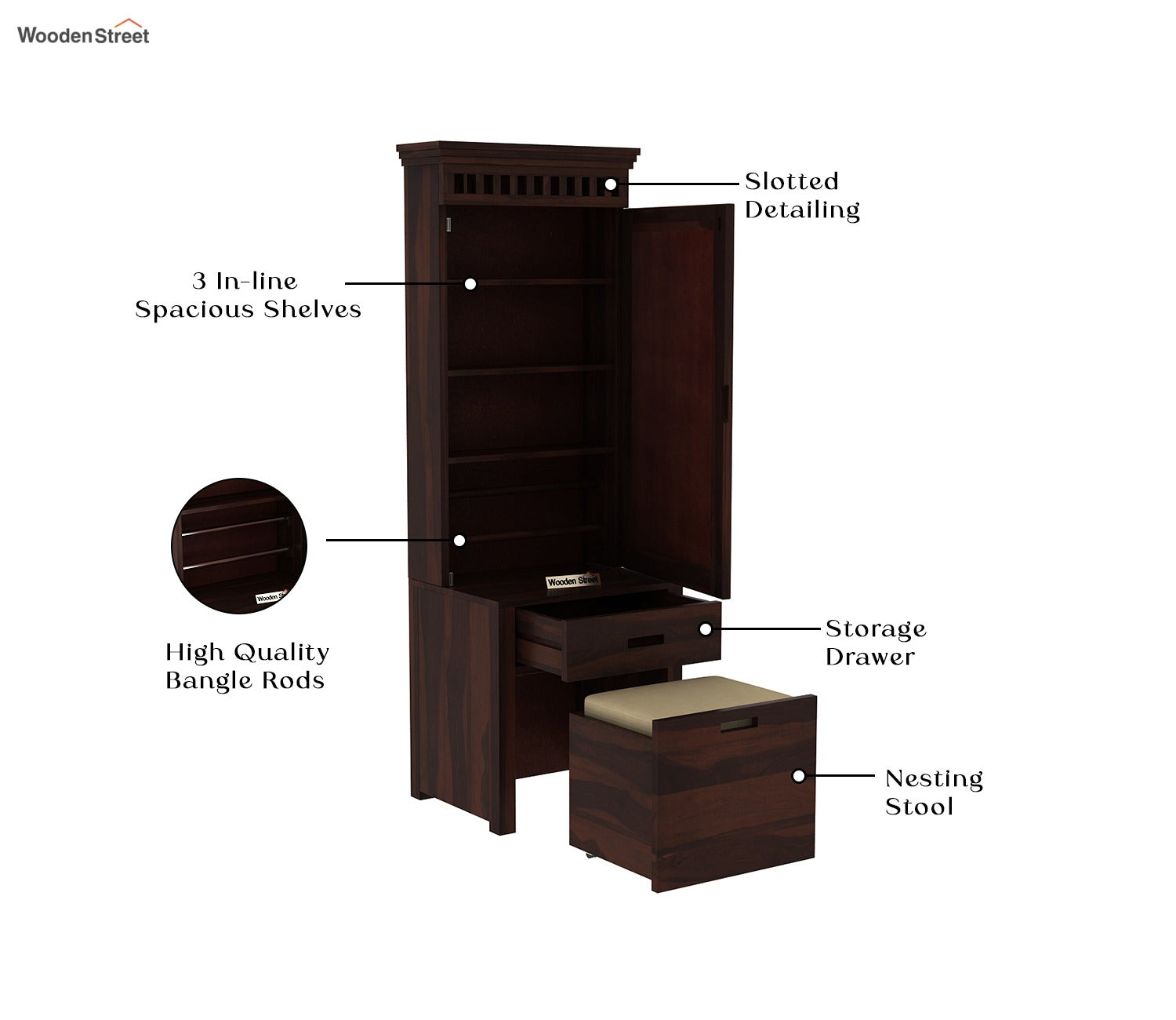 Adolph Dressing Table With Storage Stool (Walnut Finish)