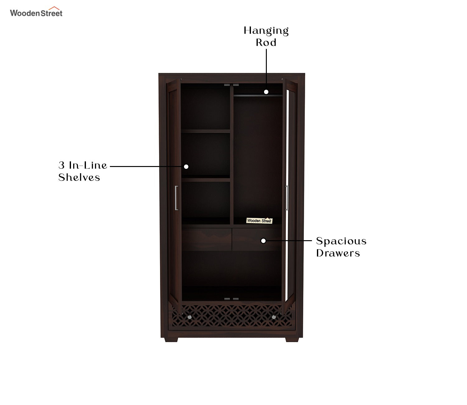 Cambrey Sheesham Wood 2 Door Wardrobe with Mirror (Walnut Finish)