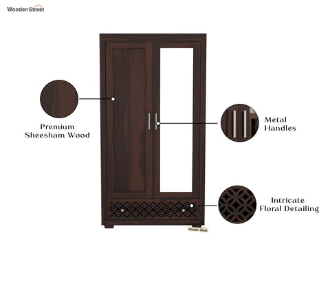 Cambrey Sheesham Wood 2 Door Wardrobe with Mirror (Walnut Finish)